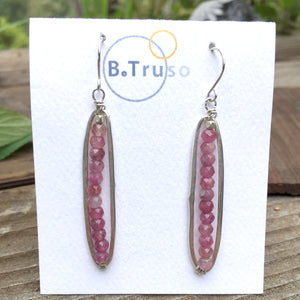 long oval sterling silver earrings pink tourmaline beads on card