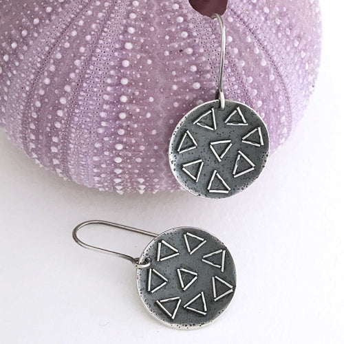 disc shape sterling silver earrings  triangle fused wire  texture embellishments