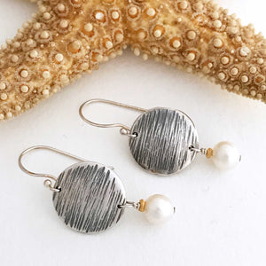 handcrafted inear textured sterling silver disc earrings freshwater pearl