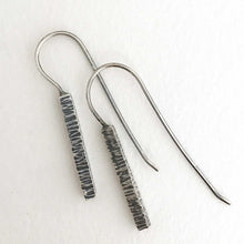 Load image into Gallery viewer, hand crafted sterling silver earrings heavy  square wire hammered line texture close up
