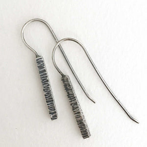 hand crafted sterling silver earrings heavy  square wire hammered line texture close up