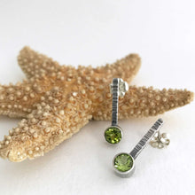 Load image into Gallery viewer, faceted peridot sterling silver earrings post tube set hammer texture

