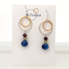 Load image into Gallery viewer, mixed metal cirlce earrings with iolite and garnet beads sterling silver and 24kt gold plate by b.truso
