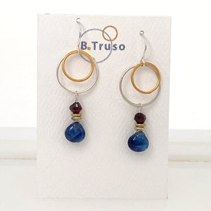 mixed metal cirlce earrings with iolite and garnet beads sterling silver and 24kt gold plate by b.truso